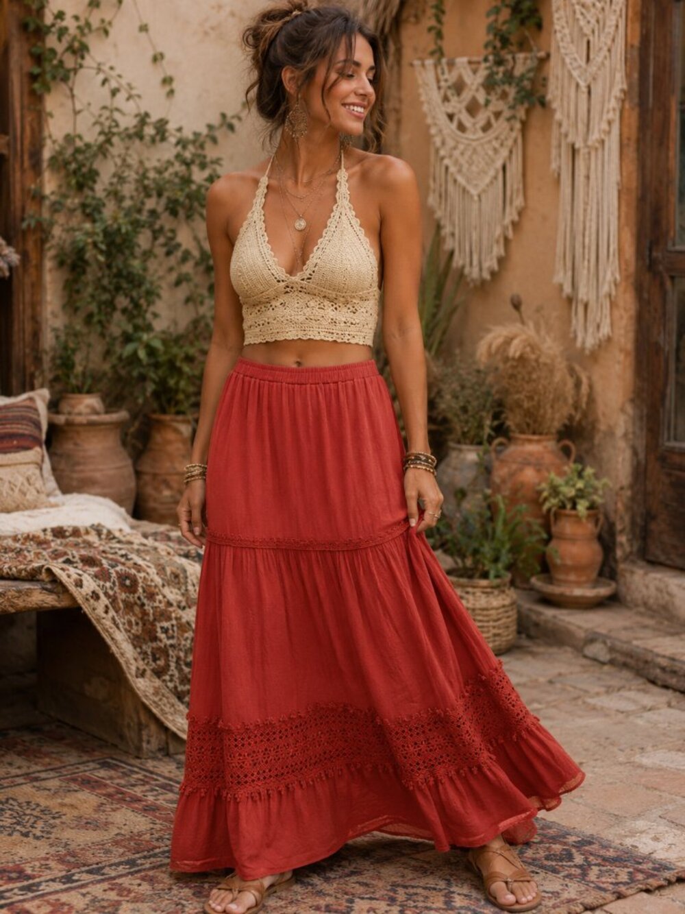 Maxi Skirt Womens Med Tiered Lined Rayon BoHo Lagenlook Cottagecore Hippie